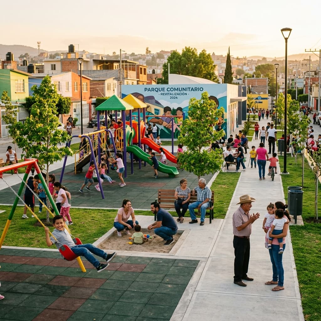 Familias disfrutando del parque comunitario revitalizado