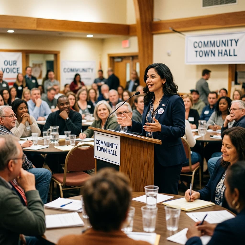 Mariana Torres conversando con vecinos durante una asamblea vecinal